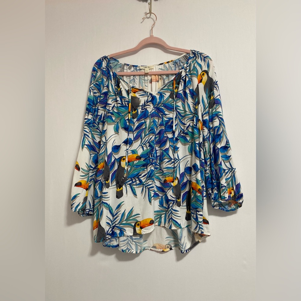 Tropical Toucan Peasant Tunic Top - White/Blue